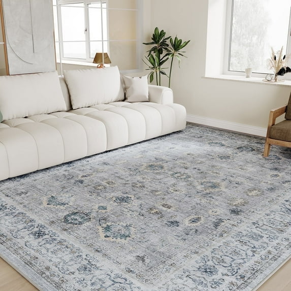 SIXHOME Rugs for Living Room Washable 3x5 Area Rugs Oriental Carpet Traditional Bedroom Dining Room Throw Rug Non Slip Vintage Foldable Distressed Print Neutral Indoor Rug Grey