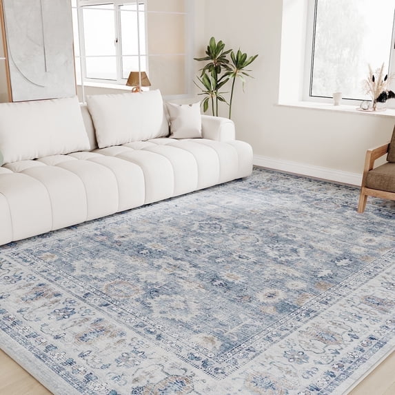 SIXHOME Rugs for Living Room Washable 4x6 Area Rugs Oriental Carpet Traditional Bedroom Dining Room Throw Rug Non Slip Vintage Foldable Distressed Print Neutral Indoor Rug Blue