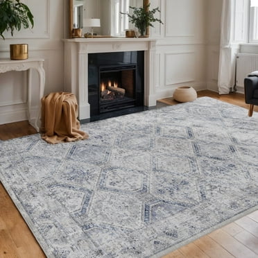SIXHOME Rugs for Living Room Washable 5x7 Area Rugs Moroccan Style Carpet Boho Bedroom Dining Room Throw Rug Non Slip Vintage Diamonds Distressed Print Neutral Indoor Rug Blue
