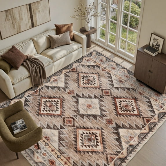 SIXHOME 8'x10' Area Rugs for Living Room Washable Rugs Vintage Boho Area Rug Soft Moroccan Geometric Indoor Rug for Bedroom Dining Room Office Foldable Nonslip Aztec Rug Brown