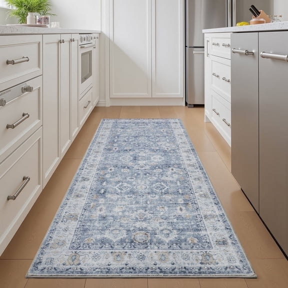 SIXHOME Runner Rugs 2x8 Area Rugs Washable Oriental Carpet Traditional Bedroom Throw Rug Rubber Back Vintage Distressed Neutral Hallway Kitchen Bathroom Rug Blue