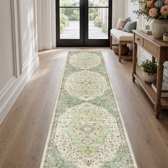 SIXHOME 2' x 8' Washable Runner Rug, Farmhouse Floral Non-Slip Carpet, Soft Botanical Indoor Rug for Hallway, Bedroom, Bedside, Laundry Room & Kitchen, Vintage Green