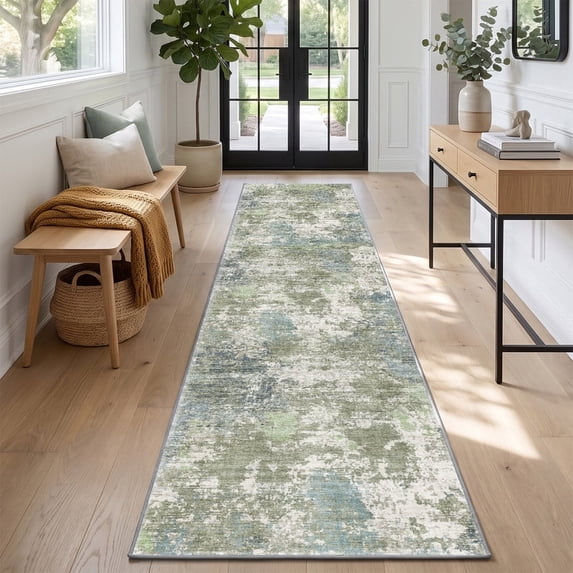 SIXHOME 2' x 8' Washable Runner Rug, Modern Abstract Non-Slip Carpet, Soft Neutral Indoor Rug for Hallway, Bedroom, Bedside, Laundry Room & Kitchen, Green