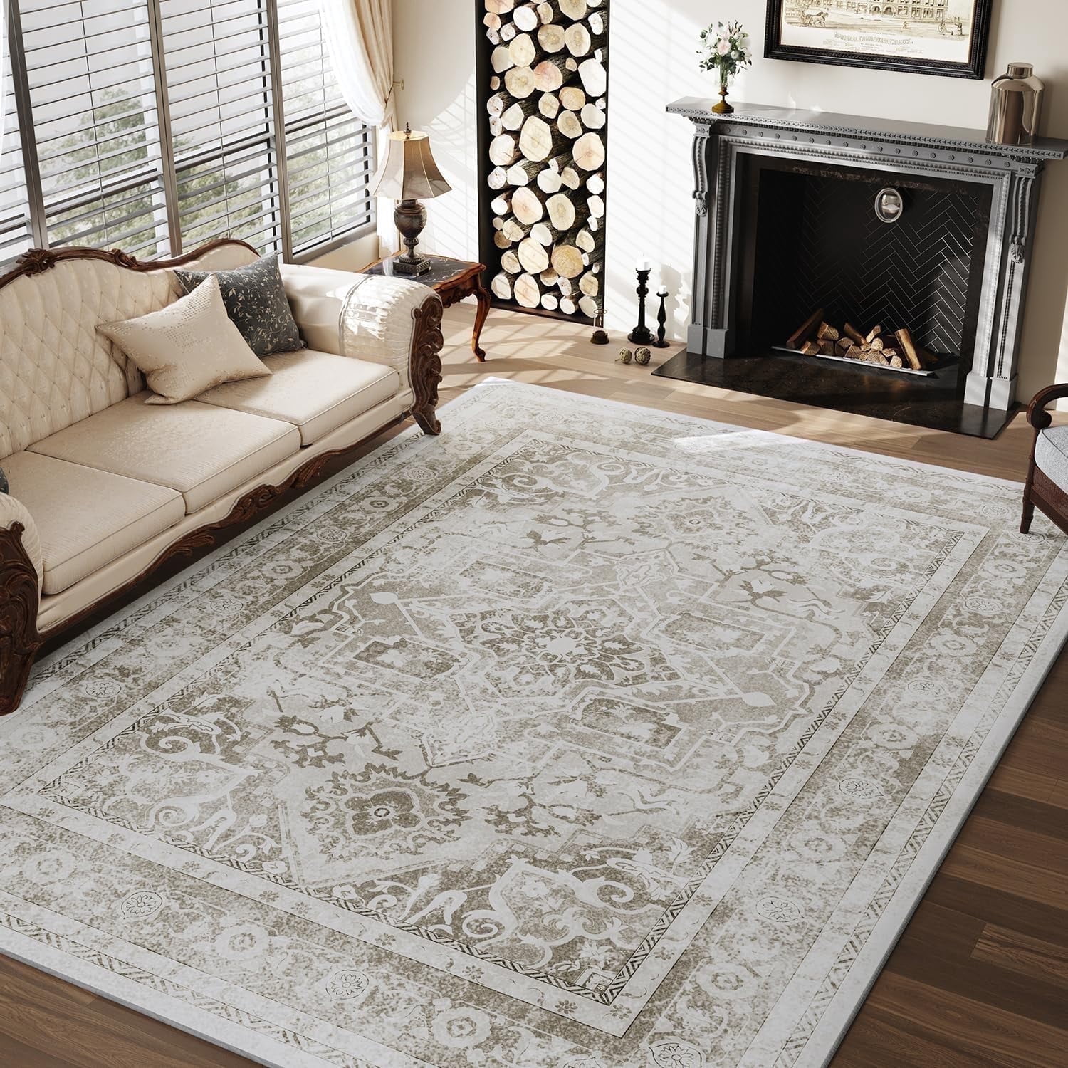 SIXHOME Soft Area Rug 4'x6' Washable Rugs for Living Room Non Slip Carpet Vintage Medallion Bedroom Indoor Floor Rugs Distressed Taupe Gray