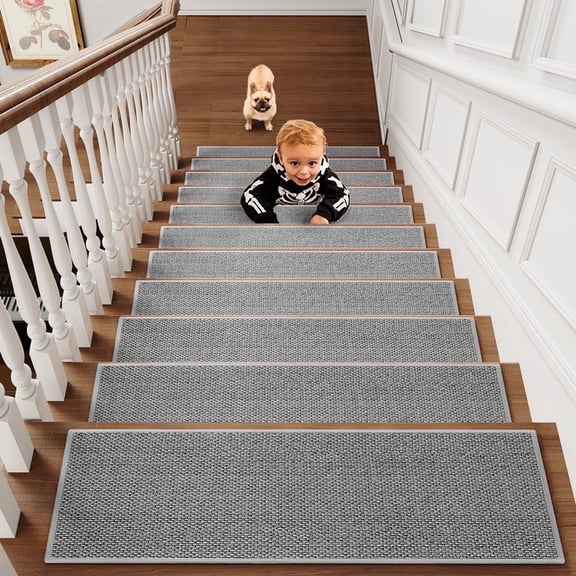 SIXHOME Stair Treads 15 Pack 8"x30" for Wooden Steps Braid Weave Non-Slip Staircase Indoor Comfort Rubber Backing Washable Runners Kids Dog-Friendly Treads Mats Set Grey