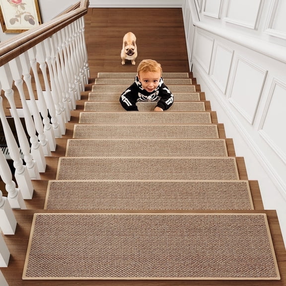 SIXHOME Stair Treads 15 Pack 8"x30" for Wooden Steps Braid Weave Non-Slip Staircase Indoor Comfort Rubber Backing Washable Runners Kids Dog-Friendly Treads Mats Set Beige
