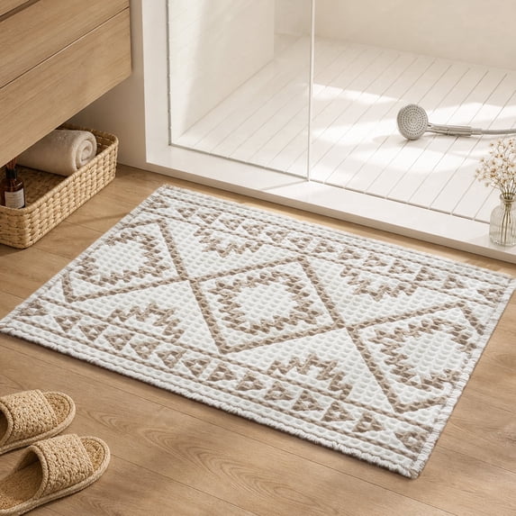 SIXHOME Waffle Bath Mat Non-Slip Bathroom Rug Super Absorbent Quick Dry Soft Textured Boho Bath Rug Washable Thick Shower 24"x36" Floor Mat Cream