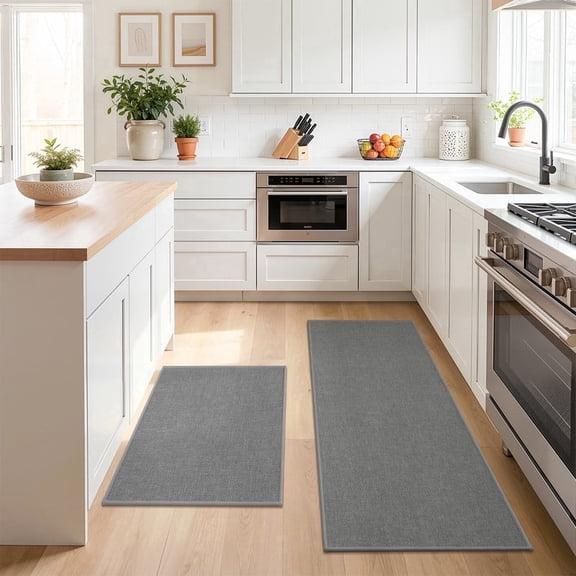 SIXHOME Washable Kitchen Rug, Absorbent Non-Slip Woven Floor Mat, 2 PCS Set 20"x32"+20"x71", Gray, Small Rugs for Sink, Laundry, Hallway, Bathroom