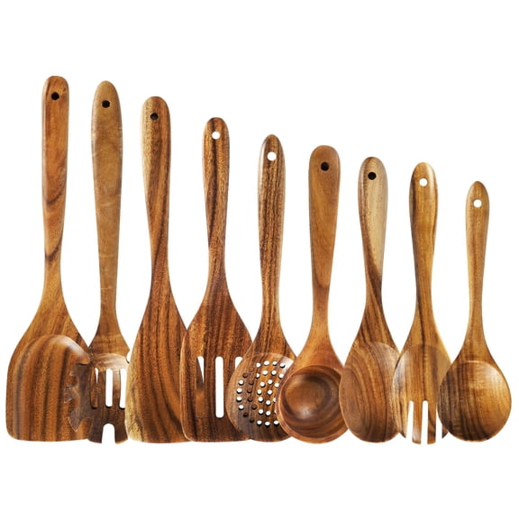 SIXILANG Wooden Spoons for Cooking - 9 Pc Teak Wood Utensil Set, Durable, Nonstick Safe & Heat Resistant with Ergonomic Handles - Unique Kitchen Gifts for Women Men, Cooking Gifts for Men Women Y101
