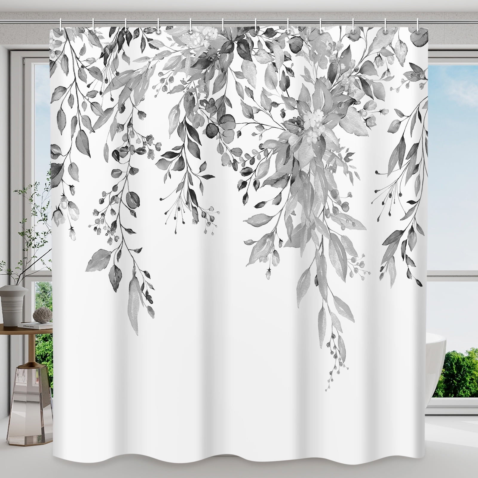 SIXLON Gray Shower Curtain with Hooks,WeightedHem Polyester Bathroom