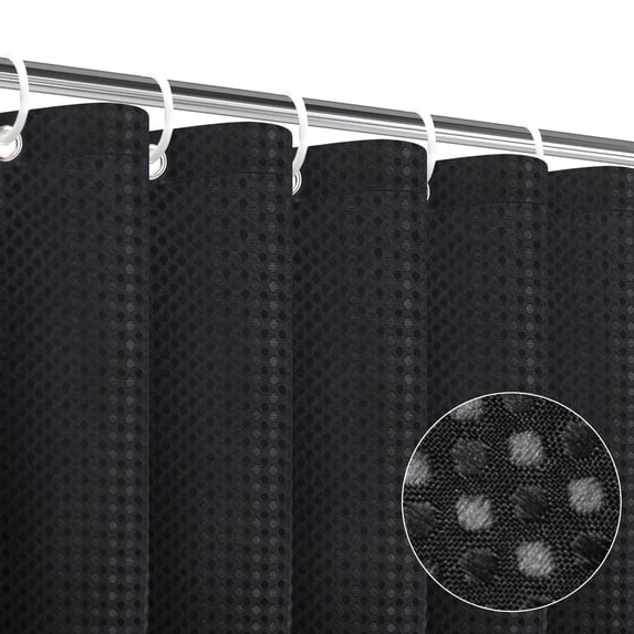 SIXLON Black Waffle Shower Curtain, Fabric Bathroom Curtain 72" x 72" with 12 Hooks