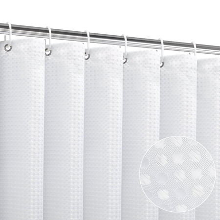 SIXLON White Waffle Fabric Shower Curtain with 12 Hooks, 72" x 72", 100% Polyester, Waterproof, Machine Washable