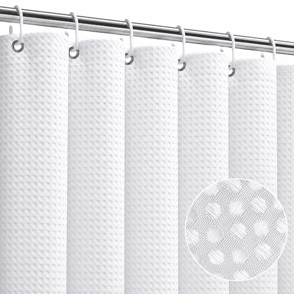 SIXLON White Waffle Fabric Shower Curtain with 12 Hooks, 72" x 72", 100% Polyester, Waterproof, Machine Washable
