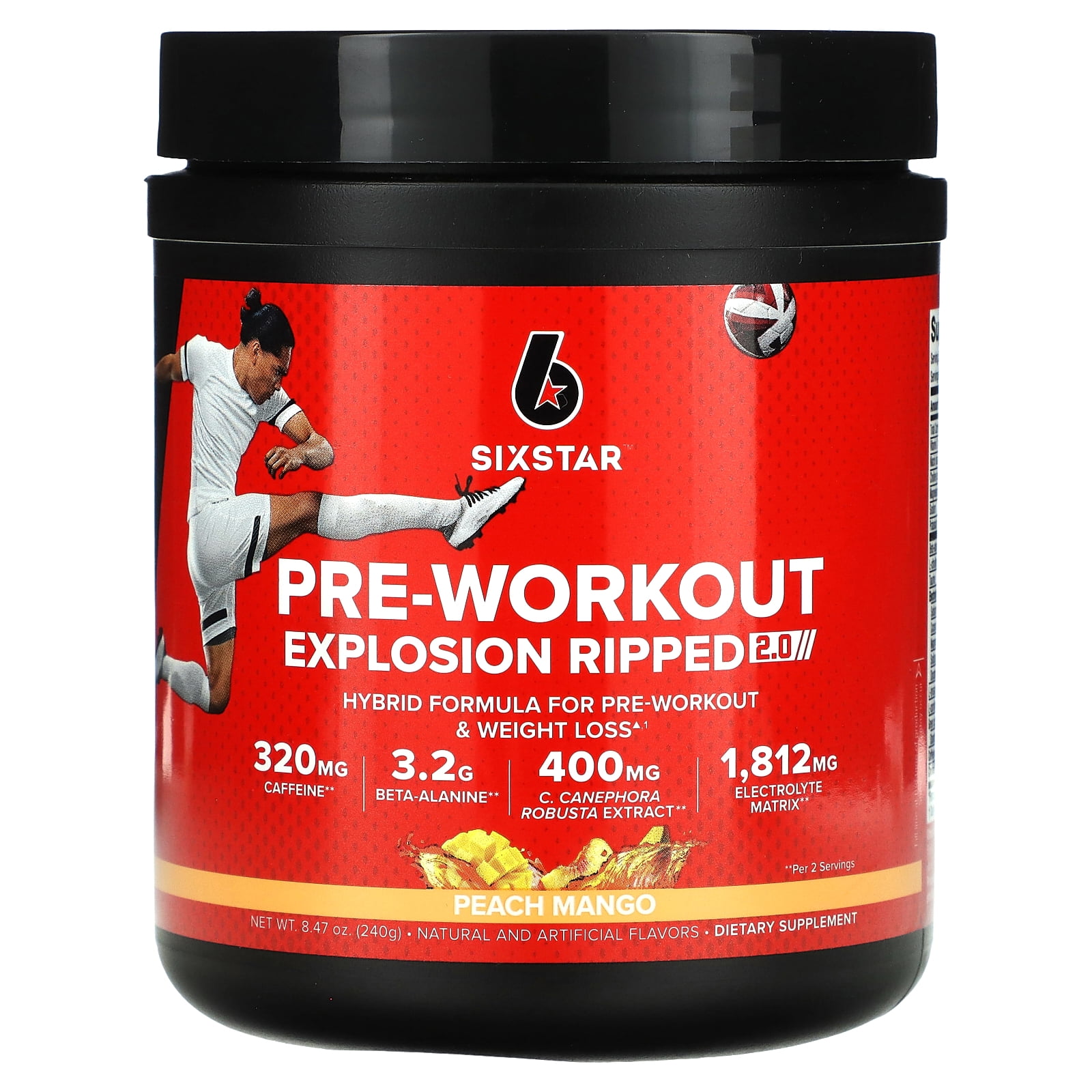 SIXSTAR Energy PreWorkout Explosion Ripped 2.0, Peach Mango, 8.47 oz