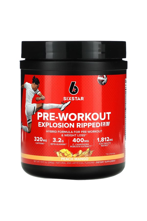 SIXSTAR Pre-Workout Explosion Ripped 2.0, Peach Mango, 8.47 oz (240 g)