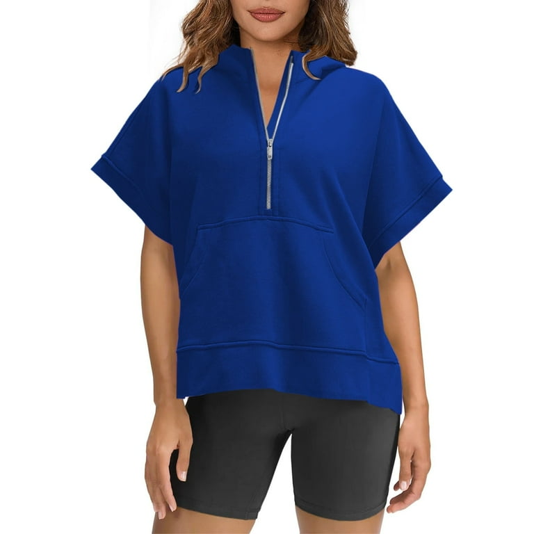 SIYECAOH Purple Plus Size Tops Plus Size Basic Tee Womens Oversized Half Zip Hoodies Short Sleeve Casual Sweatshirts Pullover Tops with Pockets 70Th Birthday Gifts for Women Bargains of The Day Sale