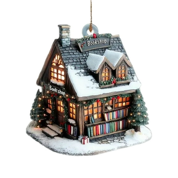 SIYTUAU 2D Flat Print Acrylic Bookstore Little House Christmas Tree Hanging Ornament For Home Decor Gift Idea Acrylic Hanging Ornament