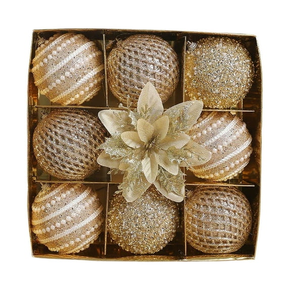 SIYTUAU 8 Inch Christmas Decoration Ball Set Of 9 With Flower Ornament Beige Plastic For Tree Holiday Party Home Decor Beige