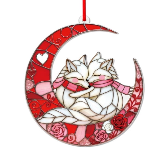 SIYTUAU Acrylic Crescent Moon With Hearts And Roses Window Hanging Ornament Stained Glass Style Suncatcher For Home Decor
