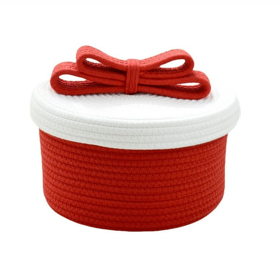 SIYTUAU Red Small Christmas Gift Storage Basket With Lid Handmade Woven Cotton Rope 60 Percent Cotton 40 Percent Linen For Decor Red Small Christmas Storage Basket