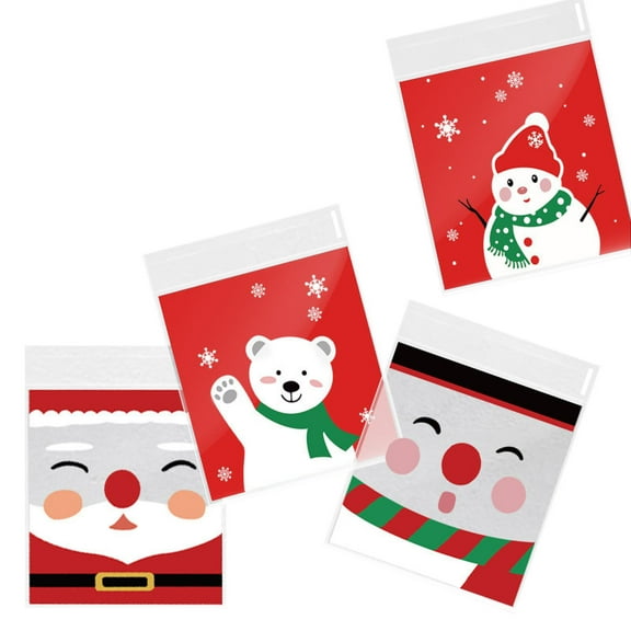 SIYTUAU Christmas Opp Candy Packaging Bags Self Adhesive For Biscuits Snacks Food 100 Bags 4 Designs 5.12X4.72X0.79 Inches Plastic Material Holiday Gift Bags Candy Packaging