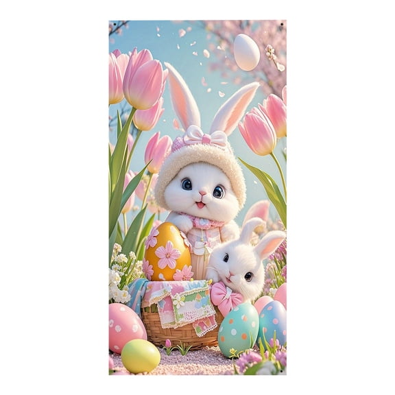 SIYTUAU Easter Bunny Design Door Curtain Banner Polyester Fabric Decorative Streamer For Front Door Holiday Decor 35.43 X 78.74 Inches Seasonal Home Decoration L