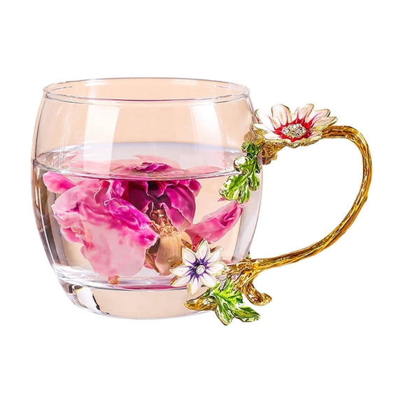SIYTUAU Enamel Flower Glass Coffee Mug Lead-Free 320Ml Tea Cup For Women Gift Mother Day Birthday Without Spoon