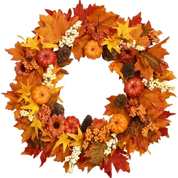 SIYTUAU Farmhouse Fall Wreath With Pumpkins Leaves Berries For Front Door Thanksgiving Porch Patio Decoration Handmade Seasonal Harvest Decor As Shown Plastic