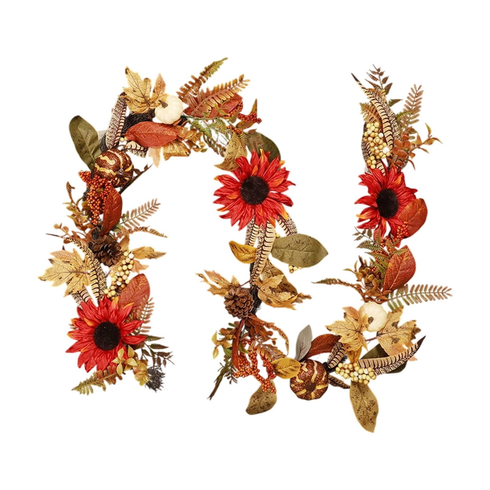 SIYTUAU Farmhouse Rattan Wreath With Faux Pumpkins And Sunflowers Front ...