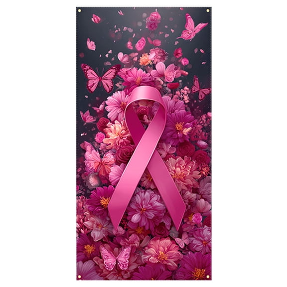 Pink Ribbon Door Cover Background Cloth For Breast Cancer Awareness Polyester Fabric 35.43 X 70.87 Inches Design C C