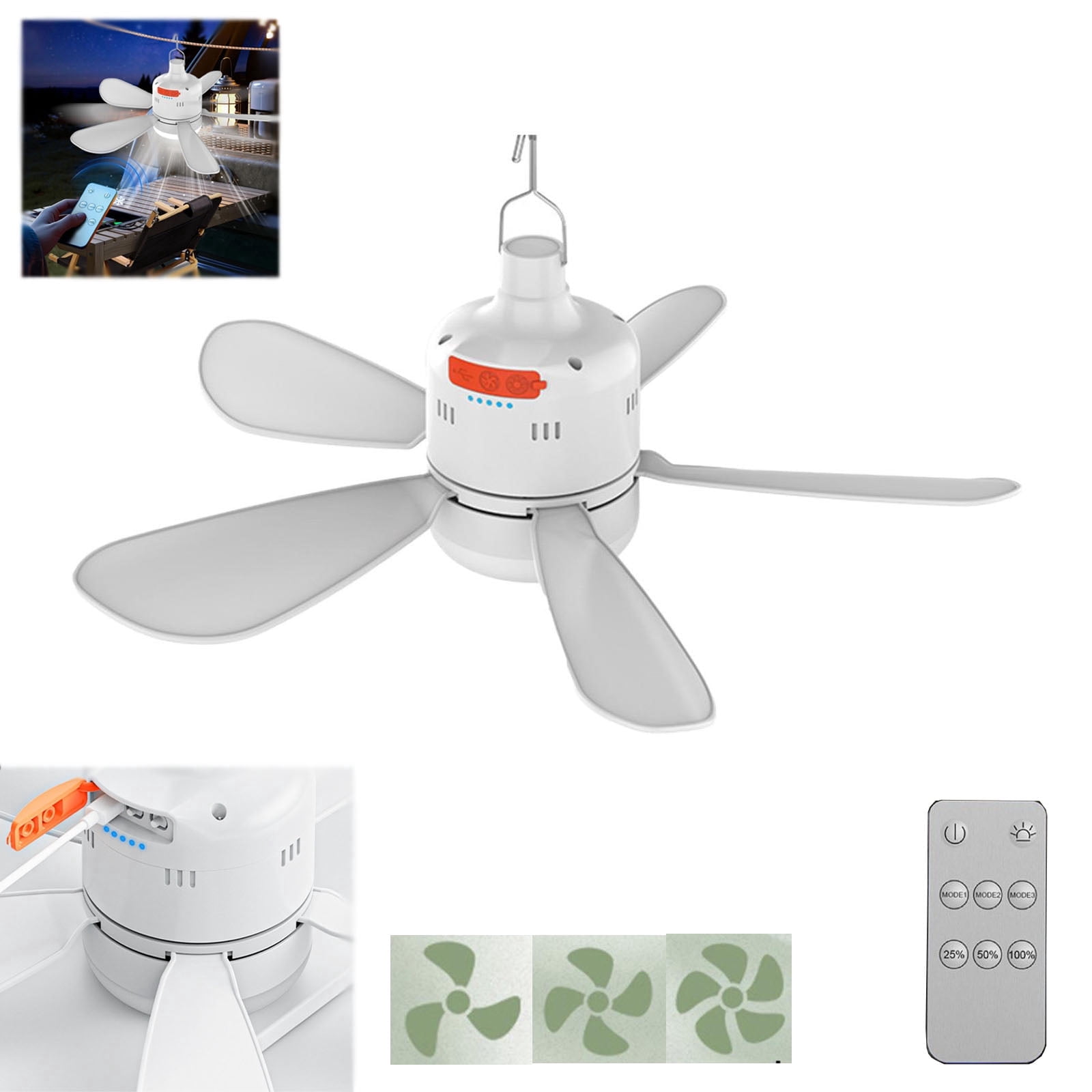 SIYTUAU Portable Ceiling Fan With Remote Control Rechargeable Led Light 17.32x17.32x5.91In For Camping Tent Outdoor Hanging Fan Usb Powered Mini Fan White Adjustable Speed