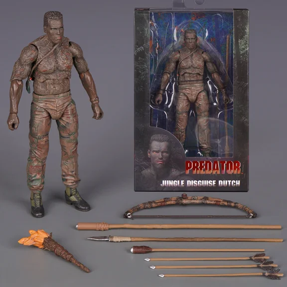 SIYTUAU Predator Jungle Disguise Dutch Action Figure, Mud-Covered Arnold Dutch Collectible with Bow, Spear, Torch & Arrow Hunting Weapon Set