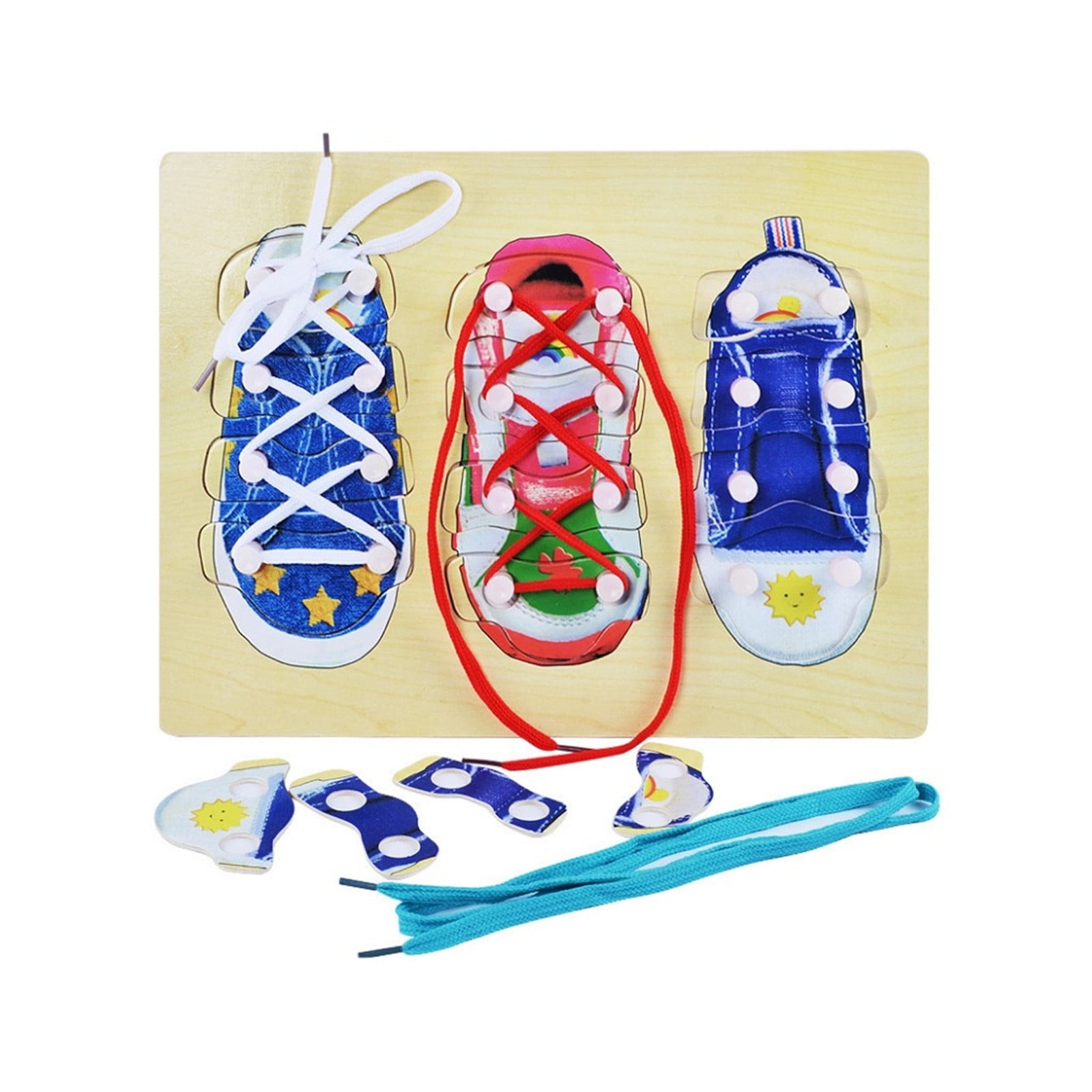 Image showcasing SIYTUAU Tie Shoelaces Practice Toy Diy Wooden Lacing Shoes Fine Motor ...