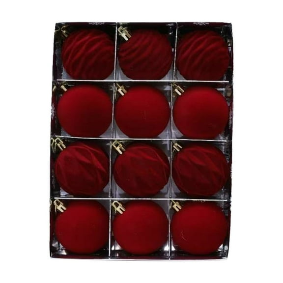 SIYTUAU 12 Pieces Flocked Christmas Balls 2.36 Inch Wine Red Velvet Tree Ornaments With Hooks For Window Hanging Decor Polyester Set Wine