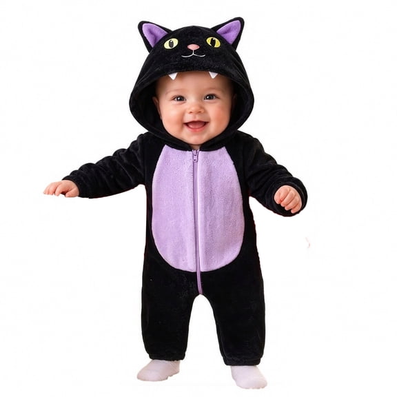 SIYUDAN Baby Black Cat Romper 3D Hooded with Ears Zipper Jumpsuit for Toddler Baby Halloween Outfit 12-18M