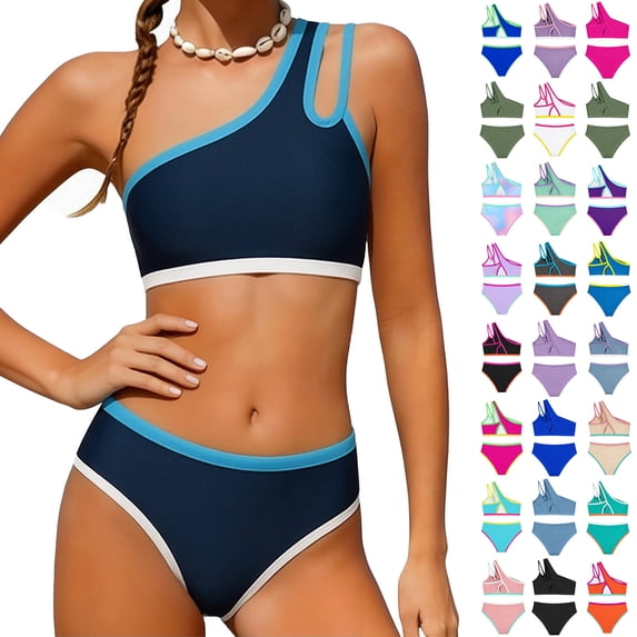 SIYUDAN Girls 2 Piece One Shoulder Bikini Top with High Waisted Swim Bottoms, Solid Color 2 Piece Swimwear for Kids