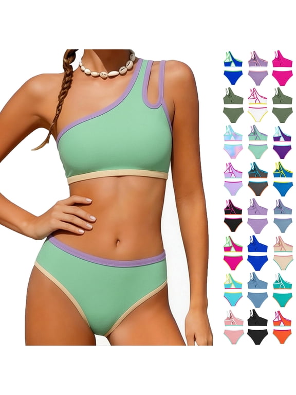 Girls 2 Piece Swimsuit One Shoulder Bikini Set Bathing Suit with Padding for Ages 7-16