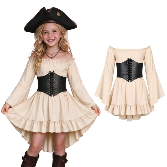 SIYUDAN Girls Off the Shoulder Pirate Dresses with Sash Two Piece Set, Halloween Pirate Girl Dress High Low Ruffled Dress up Party Outfit 11-12 Years