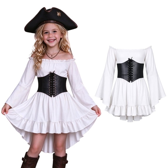 SIYUDAN Girls Off the Shoulder Pirate Dresses with Sash Two Piece Set, Halloween Pirate Girl Dress High Low Ruffled Dress up Party Outfit 13-14 Years