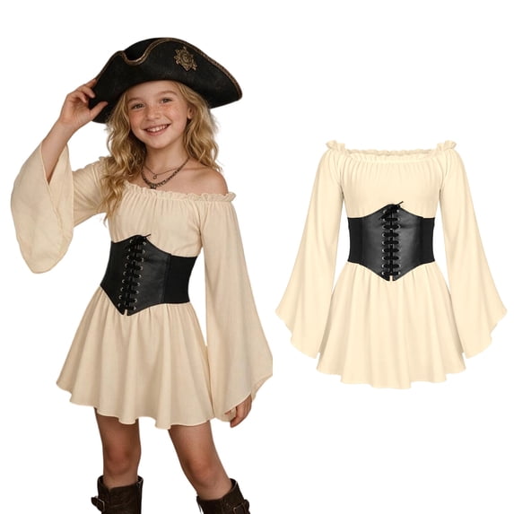 SIYUDAN Girls Off the Shoulder Pirate Dresses with Sash Two Piece Set, Halloween Pirate Girl Dress Smocked Waist Dress up Party Outfit 7-8 Years
