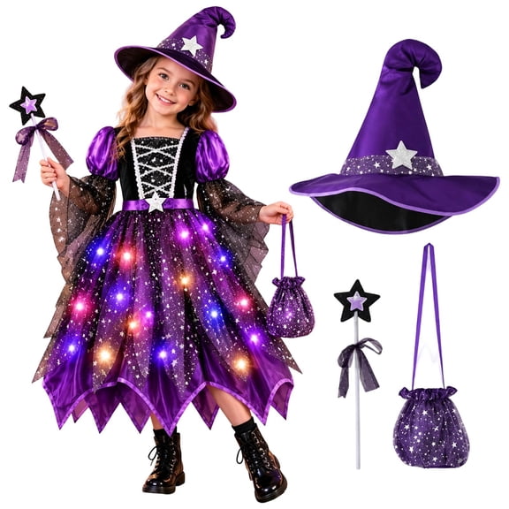 SIYUDAN Girls Witch Dress with Witch Hat Light Up Girls Halloween Outfit Dress Up For Party Purple Dress 10-12 Years