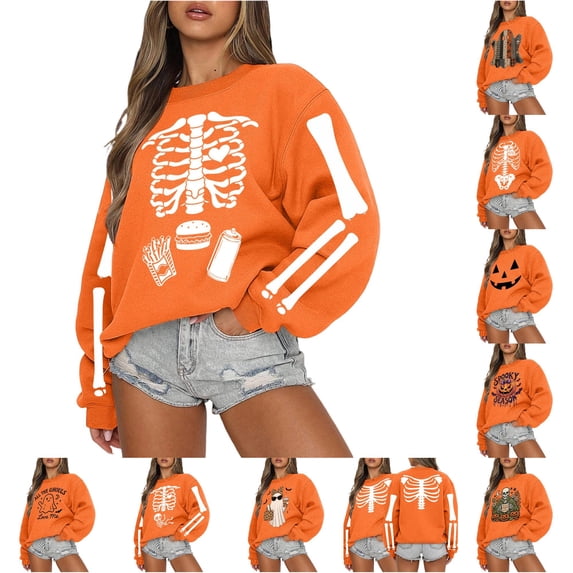 SIYUDAN Halloween Sweatshirt for Women Halloween Graphic Pumpkin Sweatshirts Long Sleeve Crewneck Yellow Sweatshirt Women Halloween Thankgiving Outfit S
