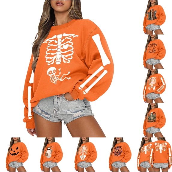 SIYUDAN Halloween Sweatshirts for Women Halloween Graphic Pumpkin Sweatshirts Long Sleeve Crewneck Yellow Sweat Shirt Halloween Thankgiving Outfit S