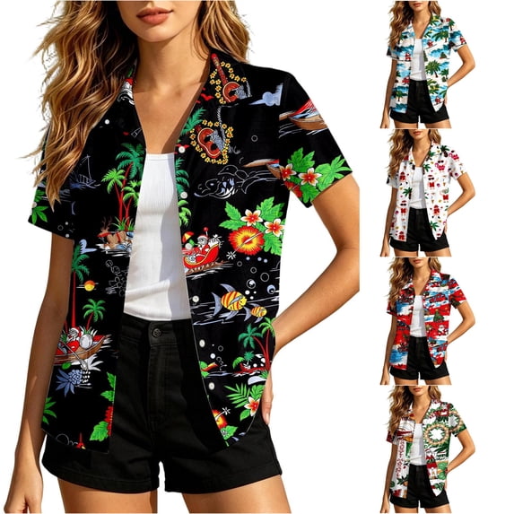 SIYUDAN Hawaiian Christmas In July Shirt Women Button Down Shirts Funny Santa Claus Shirt For Summer Outfit Beachwear