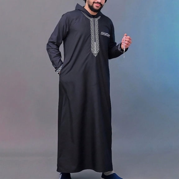 SIYUDAN Kaftan Thobe for Men Casual Long Sleeve Beach Summer Loose Fit Hooded with Embroidered Muslim Shirts for Men Black Robe Men