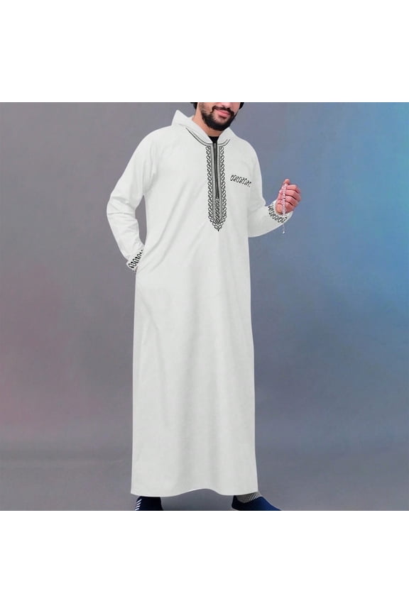 Kaftan for Men Casual Long Sleeve Men Robe Lightweight Breathable Loose Fit Hooded with Embroidered Muslim Dress for Men White Thobe