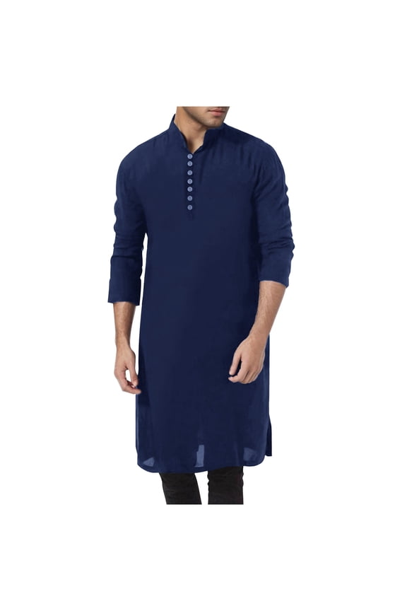 Kaftan for Men Casual Long Sleeve Mens Robe Arabic Button Front Robe Gown Blue Thobe