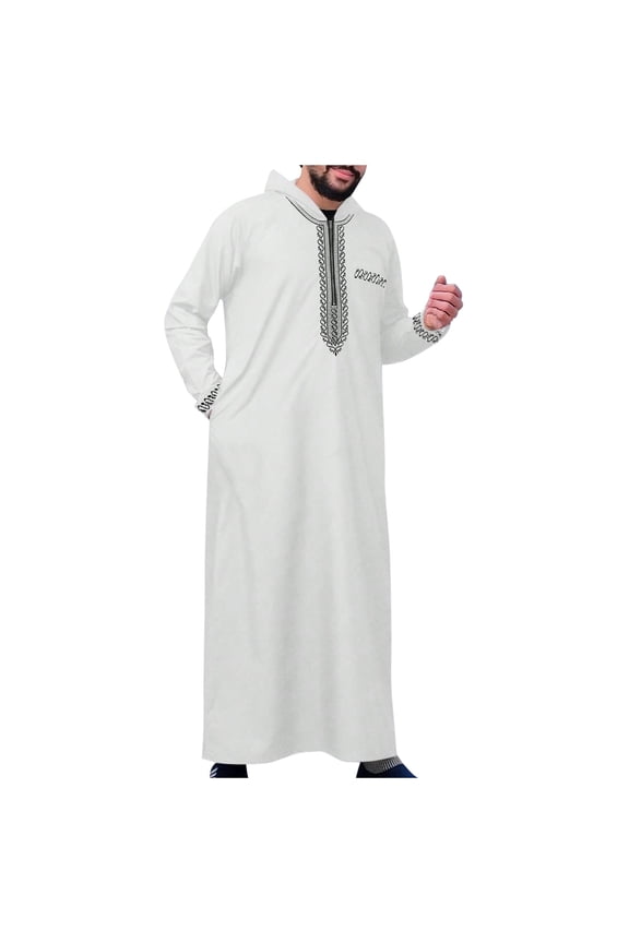 Kaftan for Men Casual Long Sleeve Mens Summer Robe Loose Fit Hooded with Embroidered Dress for Men White Abaya