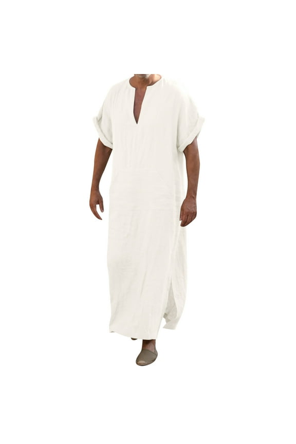 Kaftan for Men Casual Long Sleeve Mens Summer Robe V Neck Casual Muslim Gown White Robe Men