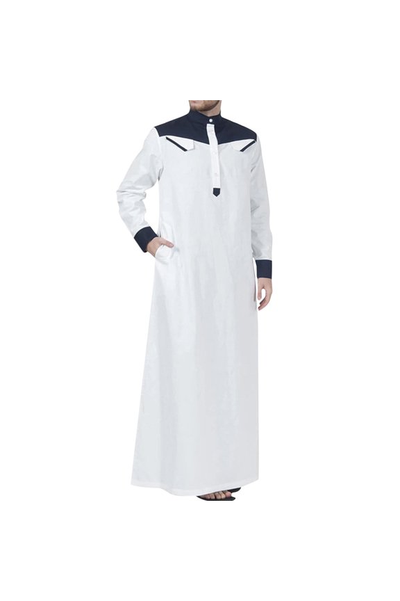 Kaftan for Men Casual Long Sleeve Thobe for Men Robe with Half Zipper Muslim Robe Men Navy Kaftan